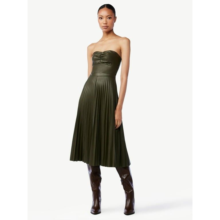 Scoop Women's Faux Leather Strapless Pleated Midi Dress - Walmart.com Thanksgiving Dress | Walmart (US)