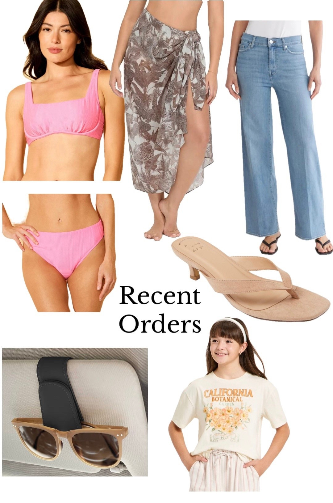 Recent orders….pink bikini, neutral sarong, wide leg jeans, thong kitten heels, sunglass holder, girls California graphic t-shirt 

#LTKdayinmylife #LTKmomlife #LTKOver40