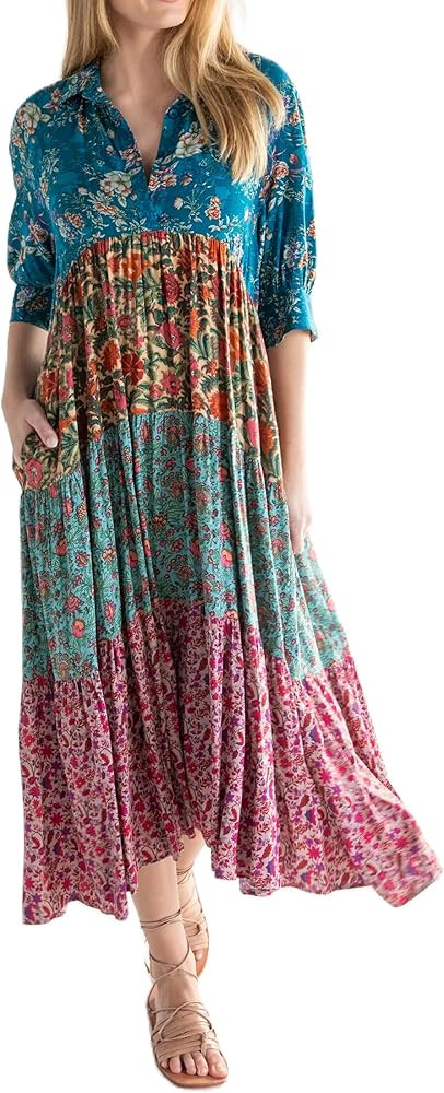 Boho Floral Puff Sleeve Maxi Dress for Women Loose Fit Bohemian Flowy Tiered Long Dress Graffiti ... | Amazon (US)
