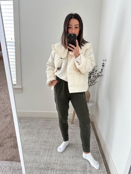Mom-on-duty outfit. Jacket is old Ganni but found a few sizes on sale. 

Ganni Jacket 32
Anine Bing sweatshirt xs (old)
Anthropologie joggers petite xxs 