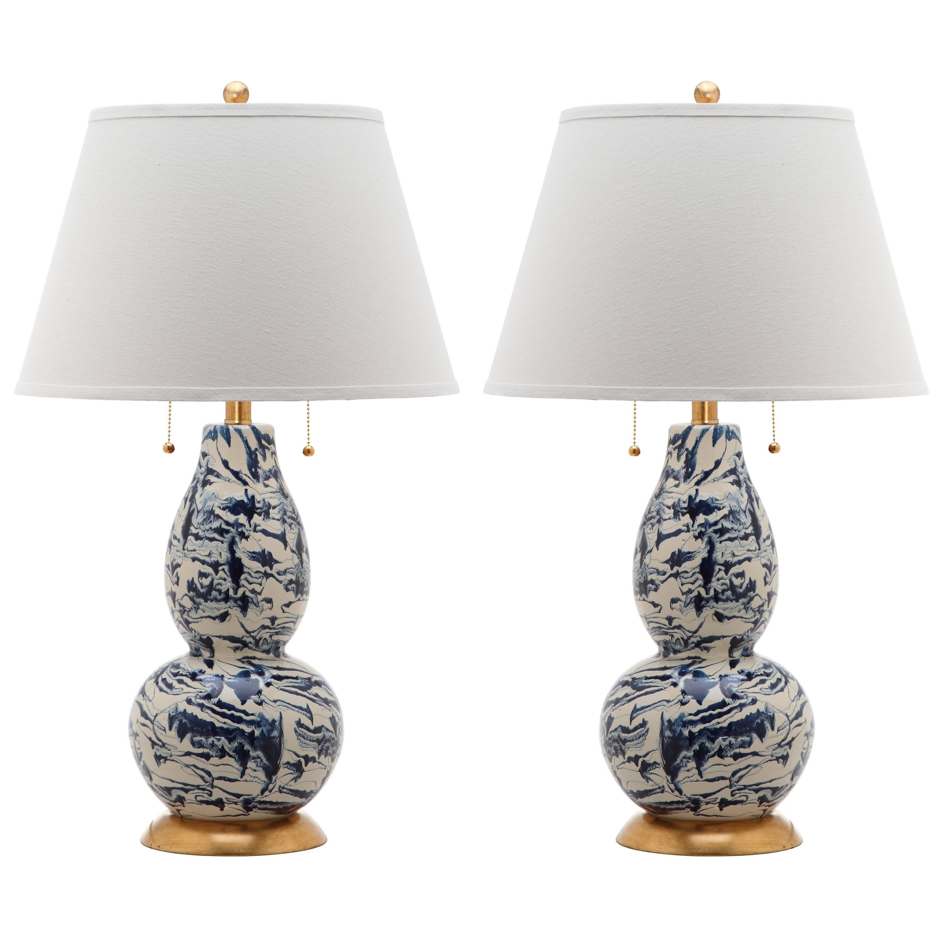 Safavieh Lighting 28.5-inch Navy and White Color Swirls Glass Table Lamp (Set of 2) - 17" x 17" x... | Bed Bath & Beyond