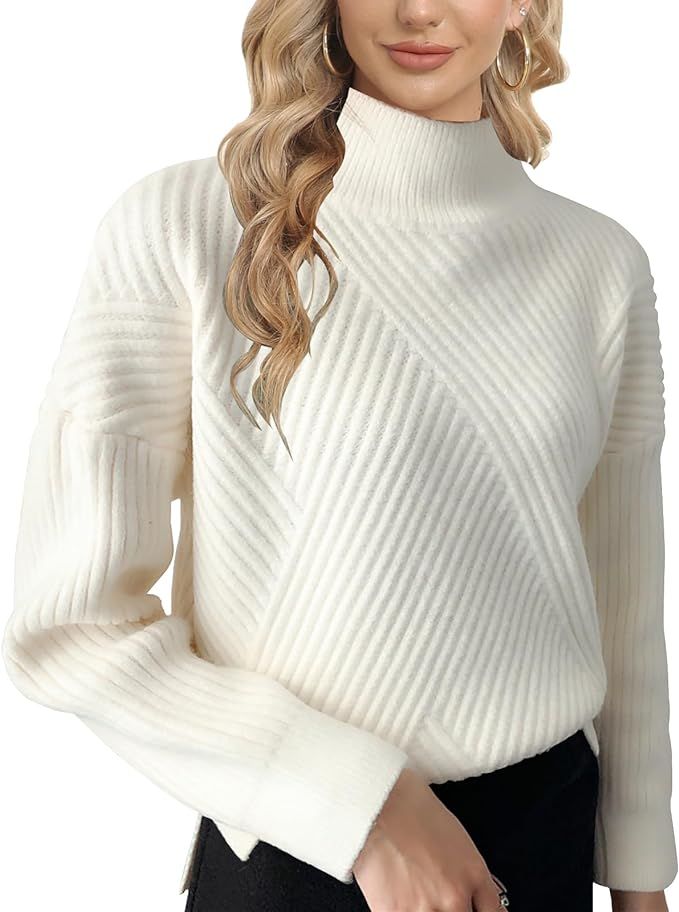 Womens Long Sleeve Sweater Loose Casual Turtleneck Soft Knitted Outwear Solid Knit Pullover Top | Amazon (US)