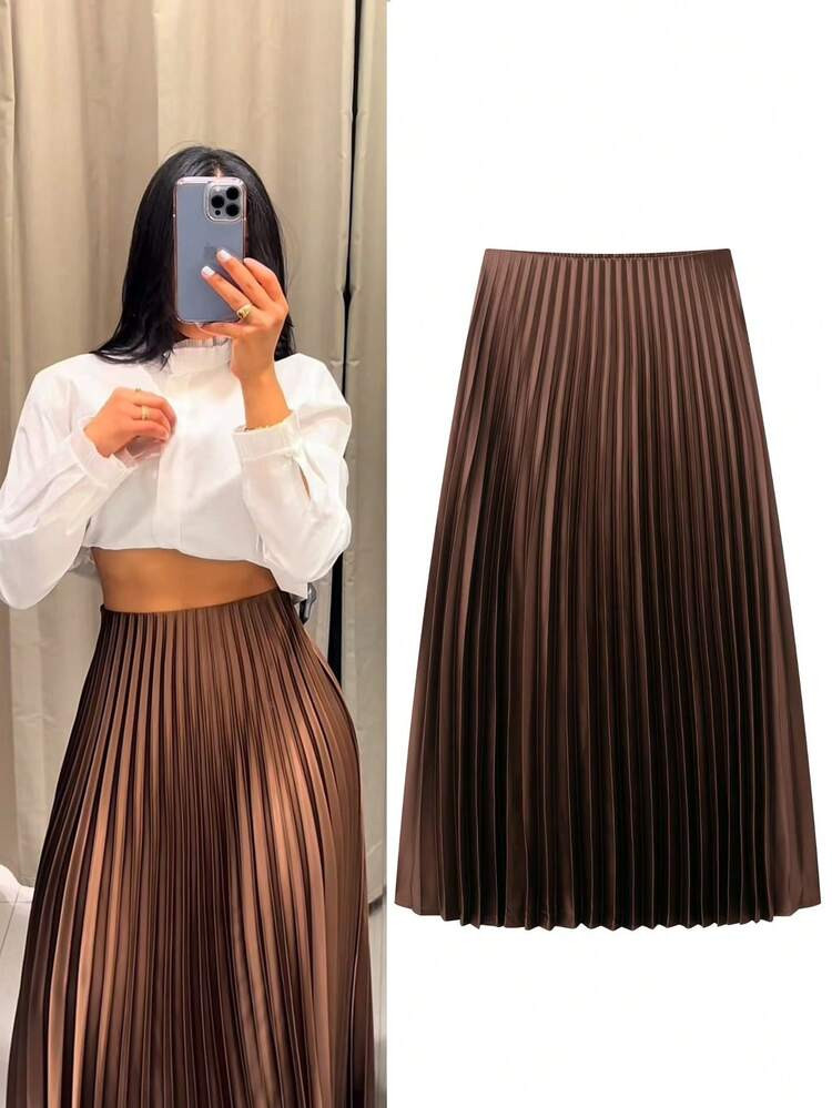 Women's Pleated Skirt Summer Brown Ruffle Skirt Cylinder Pleats Mid Waist Midi Skirt | SHEIN