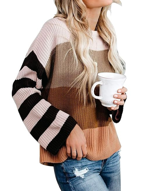 cordat Womens Casual Crew Neck Color Block Oversized Lightweight Sweater Long Sleeve Knit Pullove... | Amazon (US)