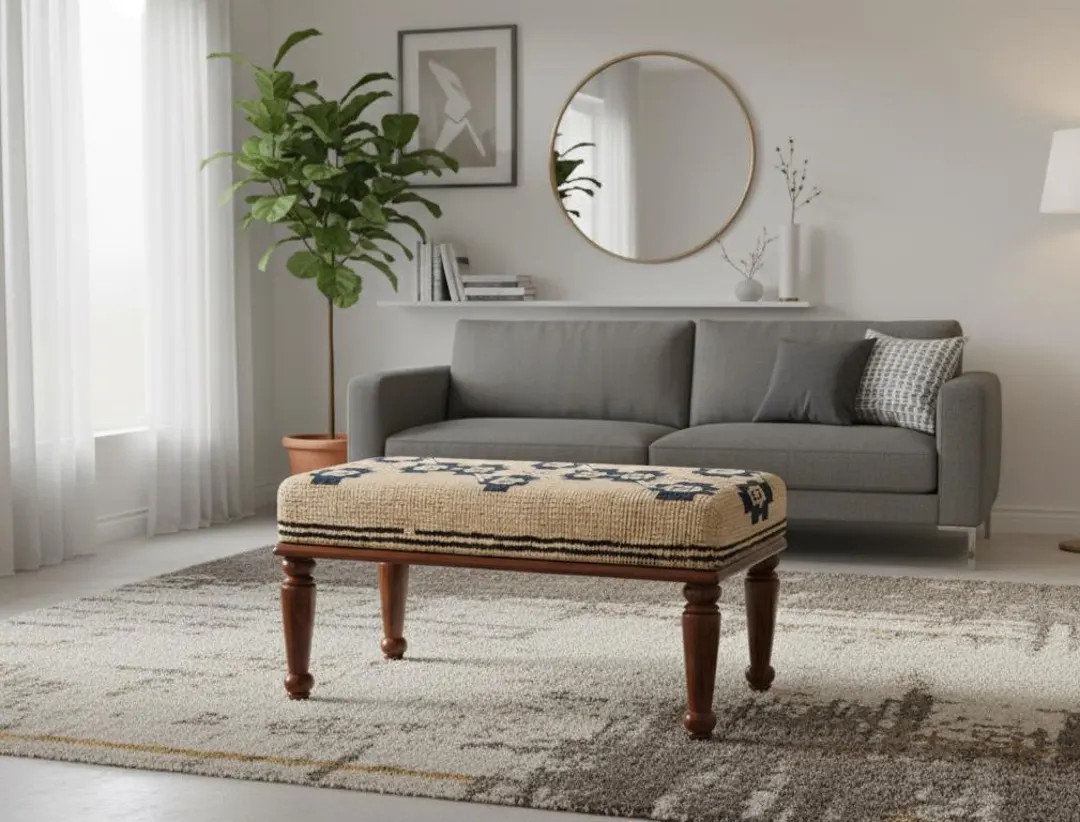 Navy Blue Bench, Nomadic Floral Bench, Kilim Rug Bench, Printed Rug Bench, Bed End Bench, Front W... | Etsy (US)