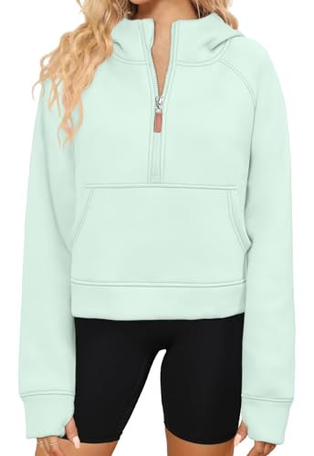 POGTMM Womens Oversized Half Zip Hoodies Fleece Lined Cropped 1/2 Zip Pullover Sweater (Medium, Light Green) | Amazon (US)