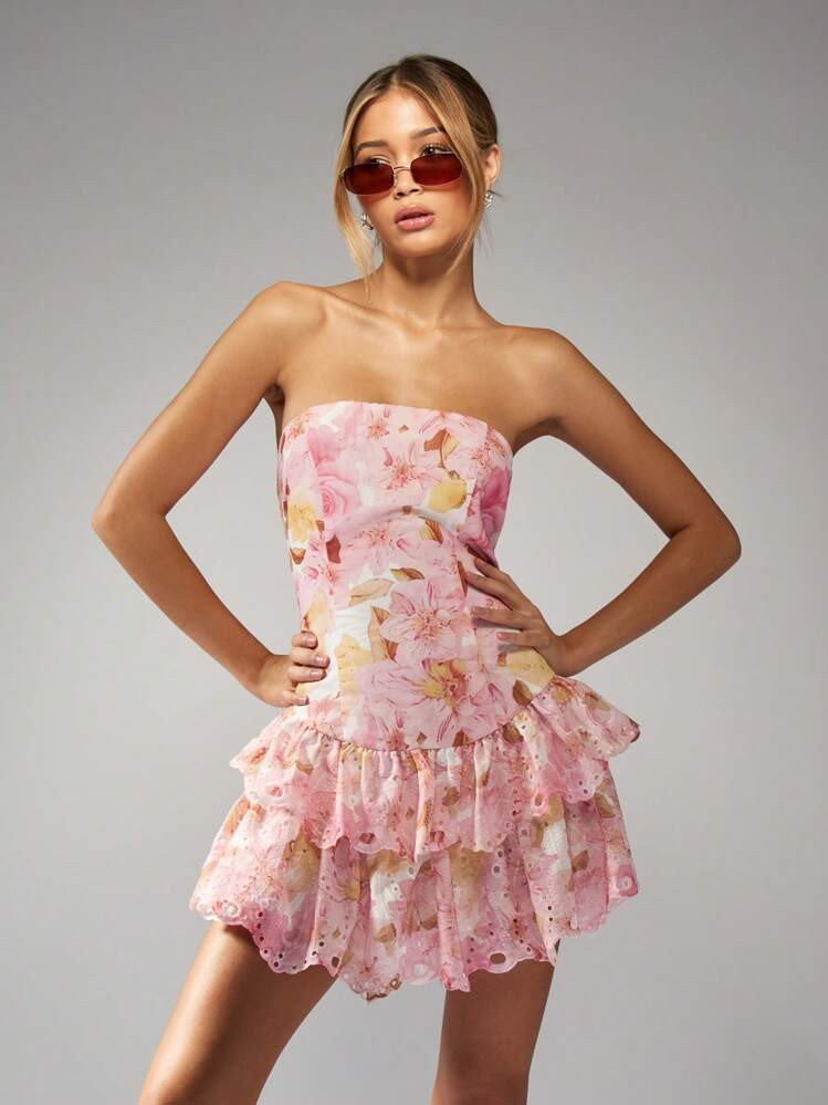 MISSGUIDED Bloemenprint Broderie Anglais Corset Bandeau Drop Waist Gelaagde Ruffle Zoom Mini Jurk | SHEIN