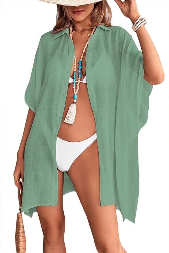 Womens Swimsuit Cover Up Shirts Oversized Beach Bikini Bathing Suit Coverups Beachwear Button Up | Amazon (US)