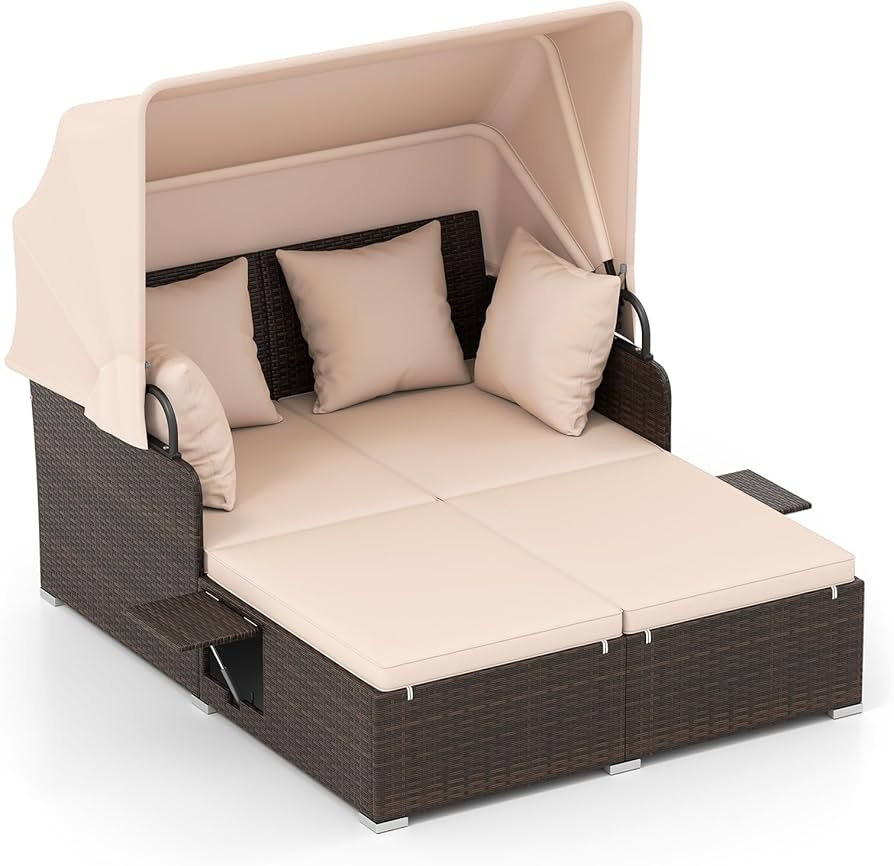 Tangkula Patio Rattan Daybed with Retractable Canopy, Outdoor Wicker Sunbed with 2 Foldable Side ... | Amazon (US)