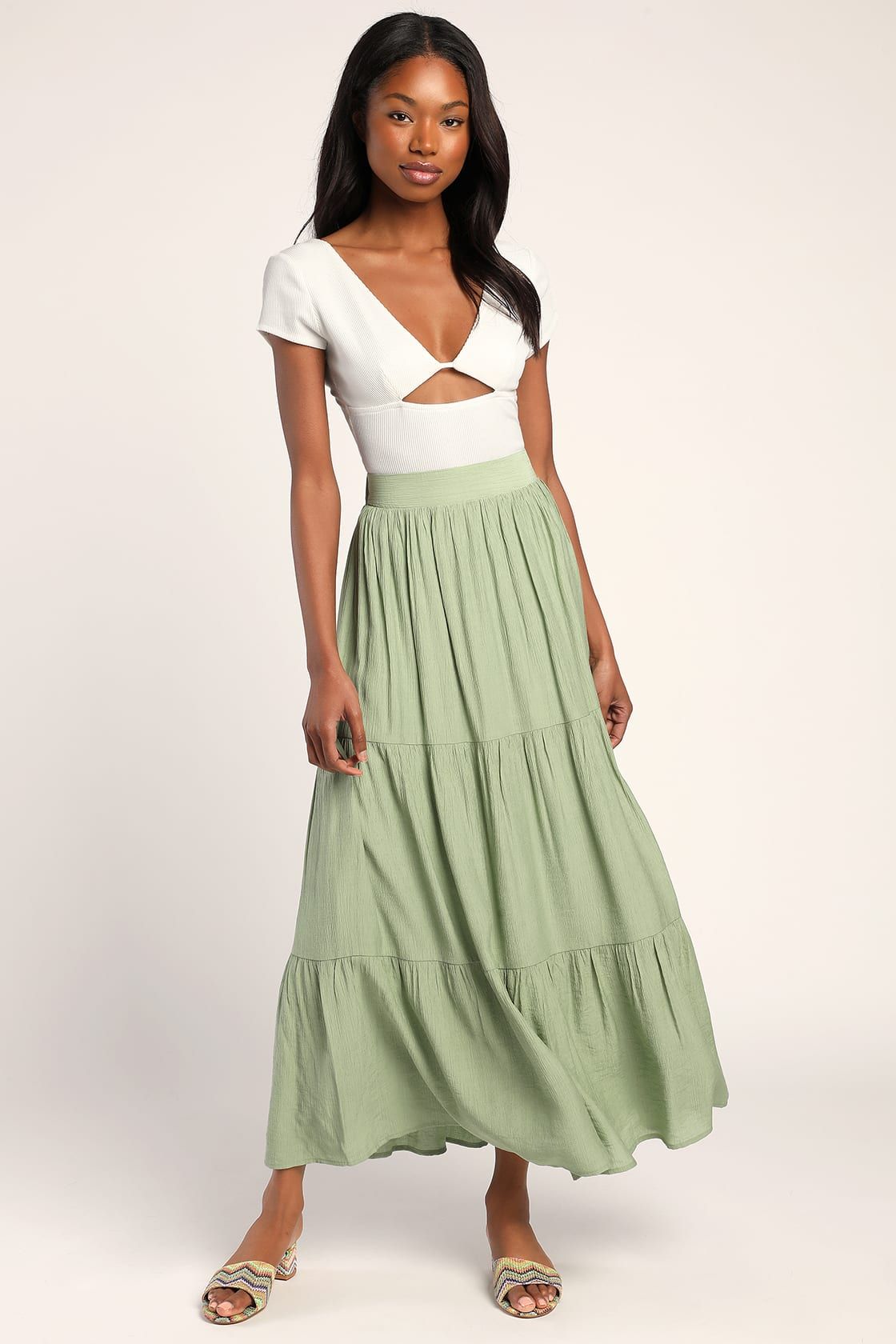 Tier and Dear Sage Green Tiered Maxi Skirt | Lulus (US)