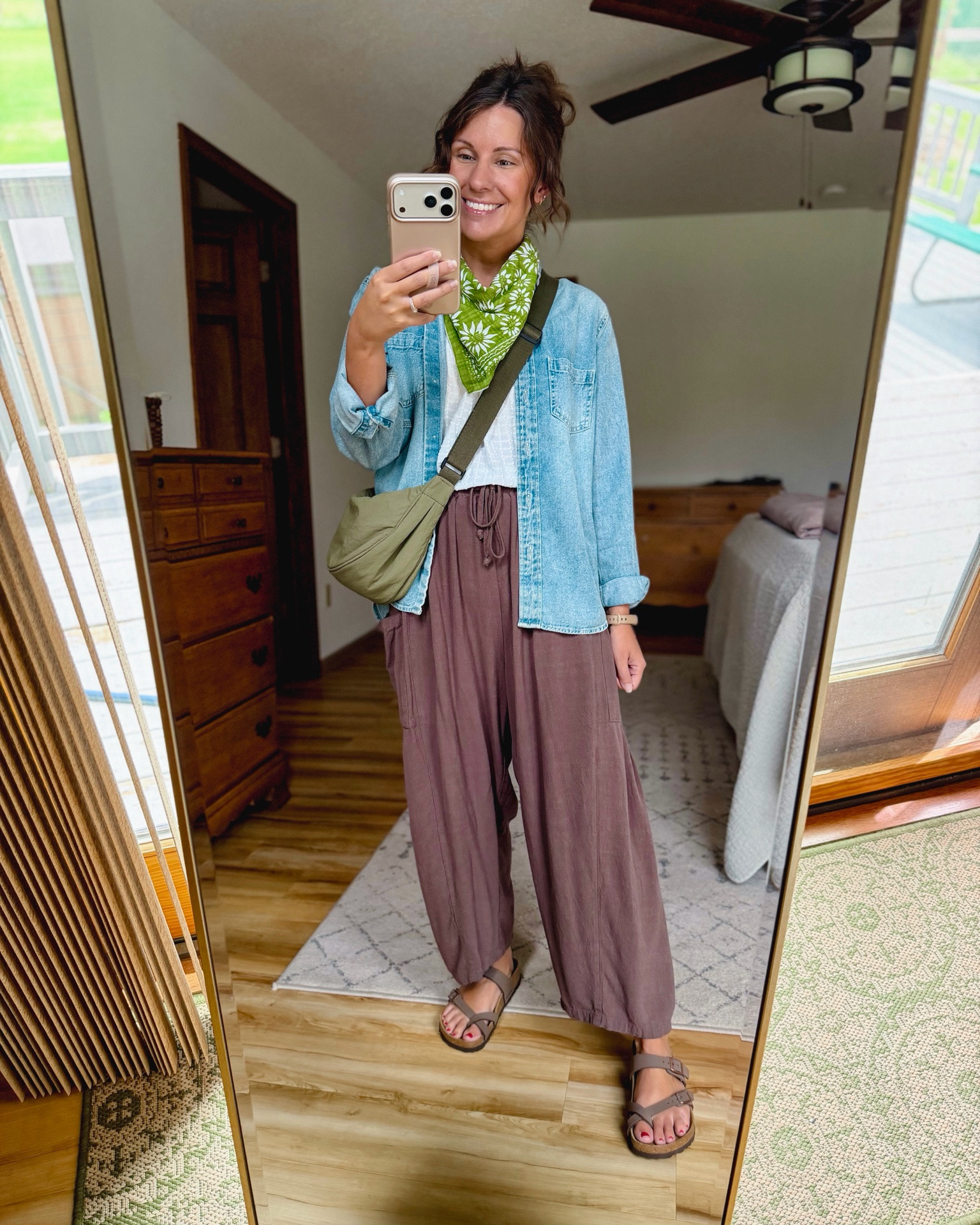 my tank is older, linked similar. My pants are size xs (dark coffee color) and my denim shirt is also older, so I linked similar. My sandals are size 36. 
Love this neck scarf. My favorite color.
 My bag is older so linked similar.