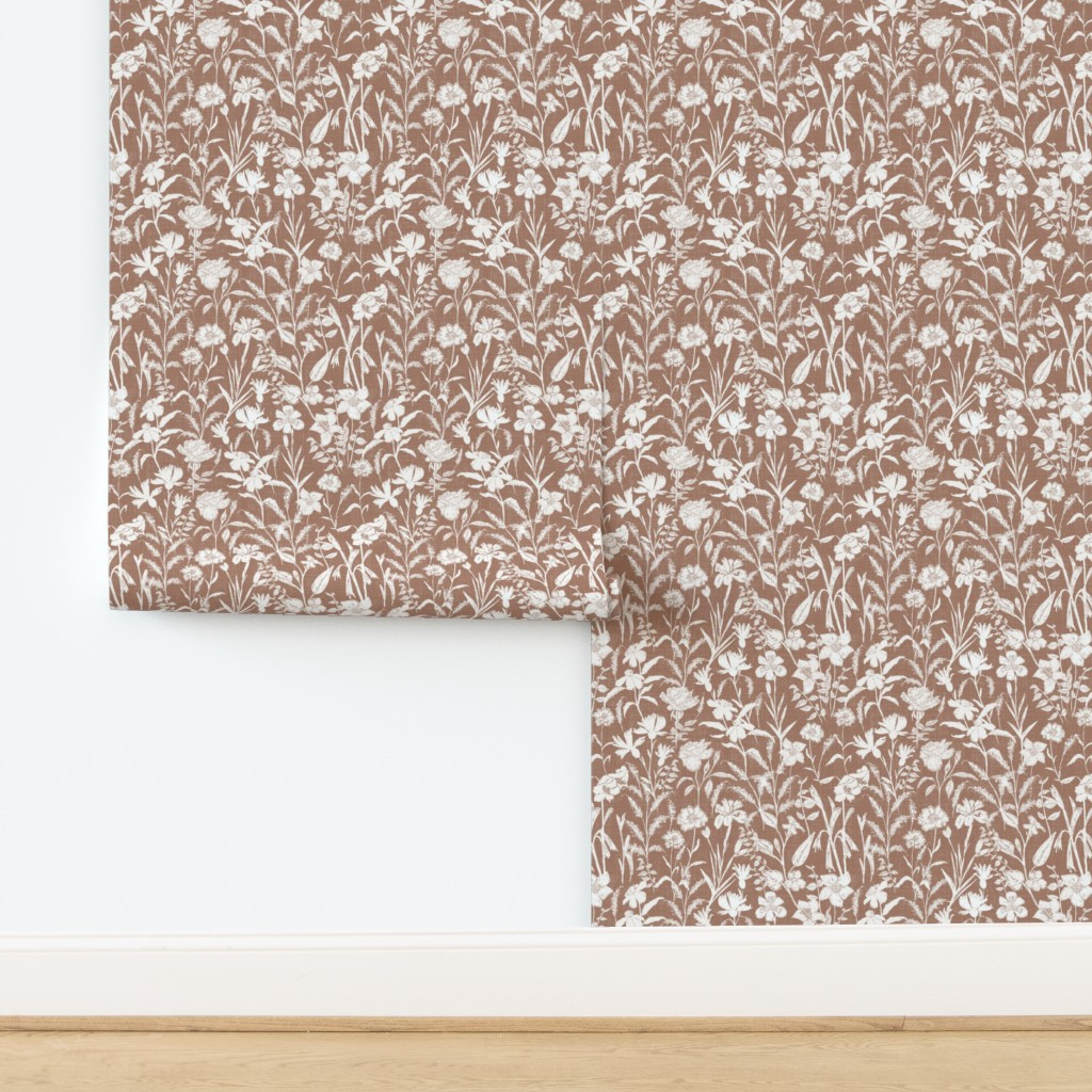 Wallpaper in Wildflower Meadow floral silhouette on Mocha Mousse textured | Spoonflower