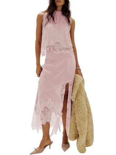 QLQLWDD Women Satin 2 Piece Maxi Skirt Set Lace Trim Backless Tank Top Silk Slip Long Skirt Asymmetrical Outfits(A light pink,m) | Amazon (US)