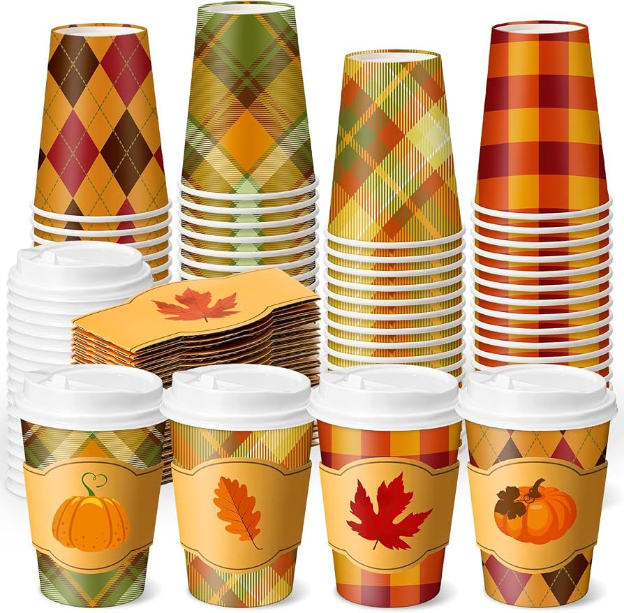 Potchen 48 Pack 12 oz Fall Coffee Cups with Lids and Sleeves Disposable Paper Hot Cups Bulk for T... | Amazon (US)