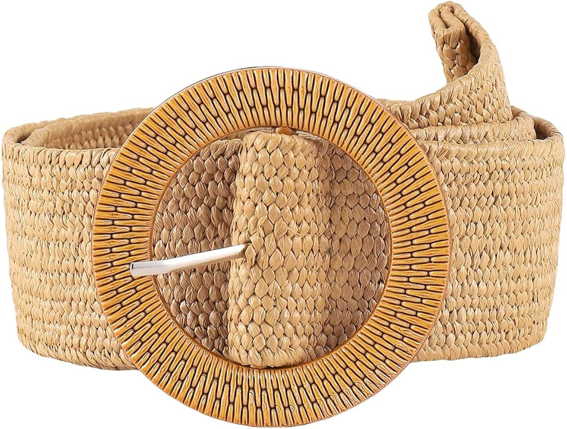 Verdusa Women's Round Buckle Elastic Straw Belts Boho Waist Belt | Amazon (US)