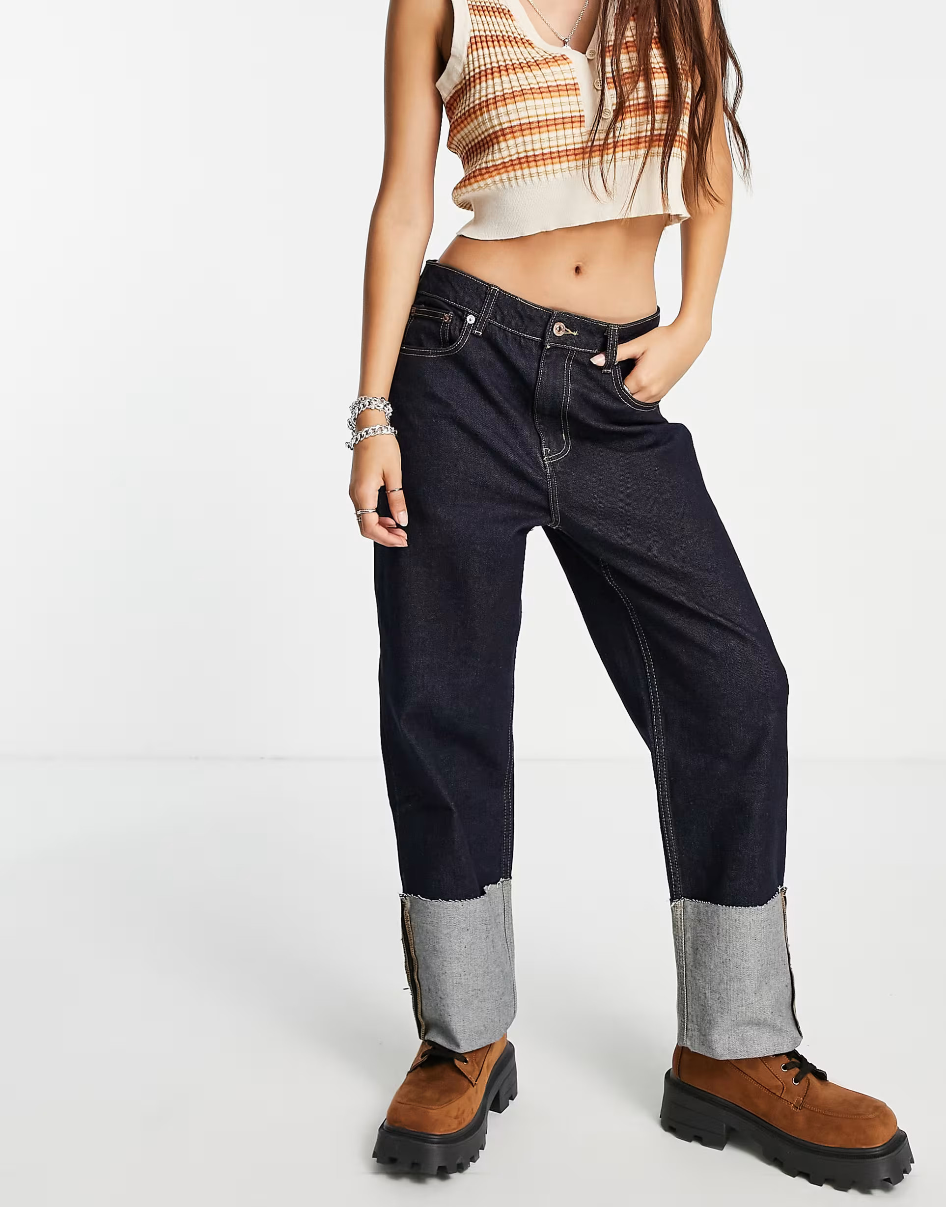 Only Megan cropped jeans with turn up hem in dark blue | ASOS (Global)
