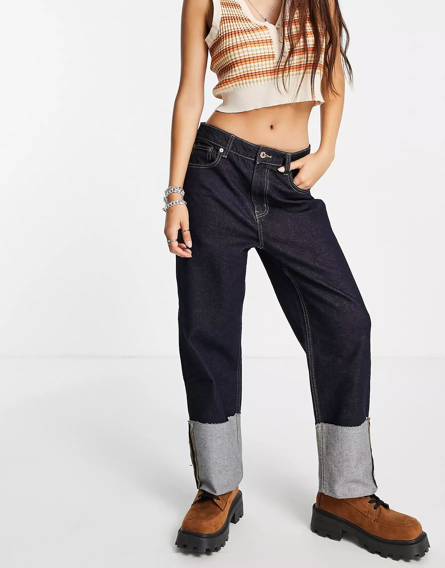 Only Megan cropped jeans with turn up hem in dark blue | ASOS (Global)
