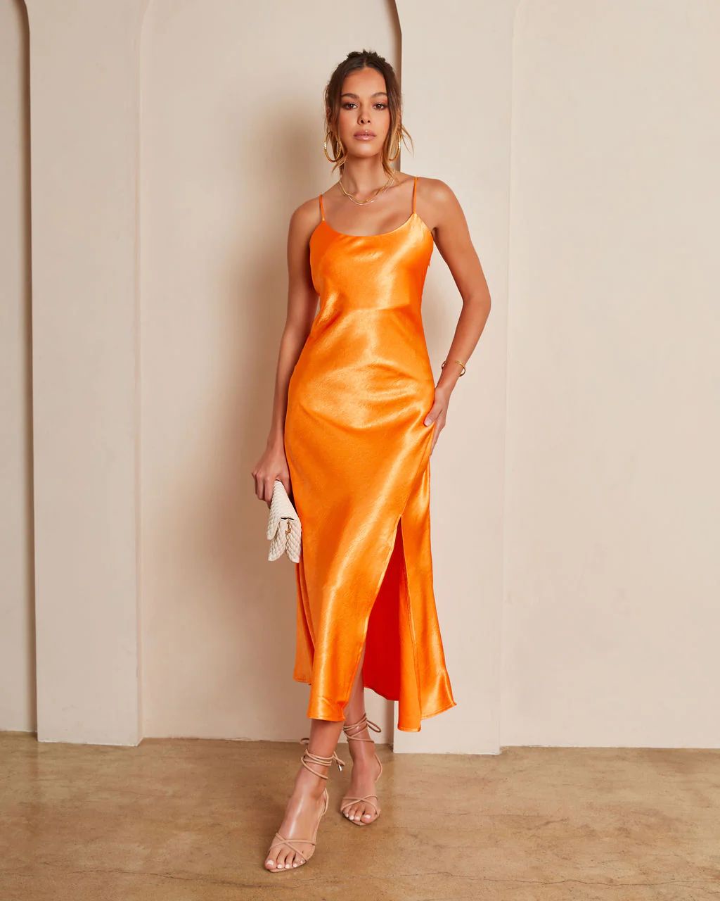 Claire Satin Side Slit Midi Dress - Tangerine | VICI Collection
