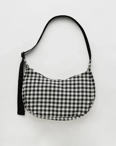 Medium Nylon Crescent Bag - Black & White Pixel Gingham | ban.do