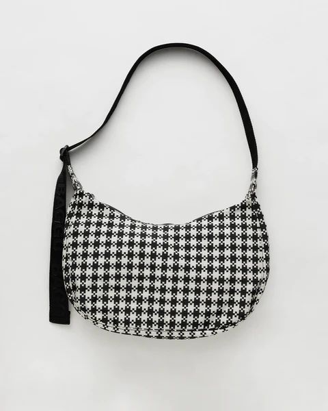 Medium Nylon Crescent Bag - Black & White Pixel Gingham | ban.do