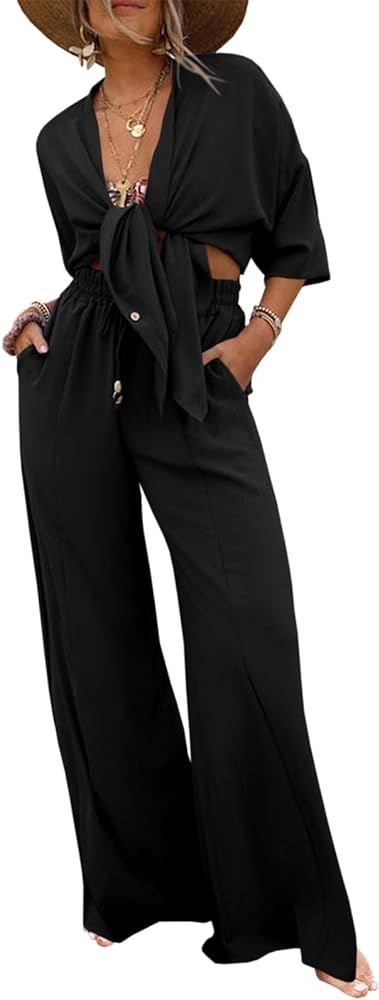 Fisoew Women's 2 Piece Outfits Long Sleeve Button Down Side Slit Blouse and Wide Leg Pants Sets | Amazon (US)