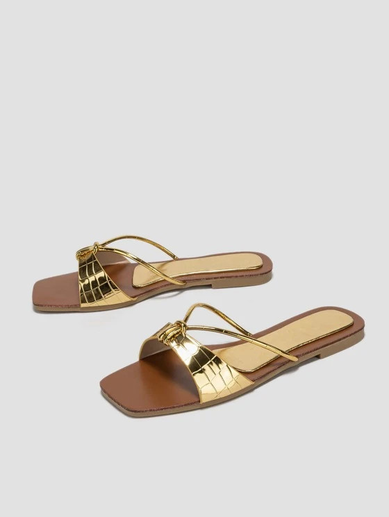 Glamorous Gold Slide Sandals For Women, Crocodile Embossed Knot Decor Sandals | SHEIN