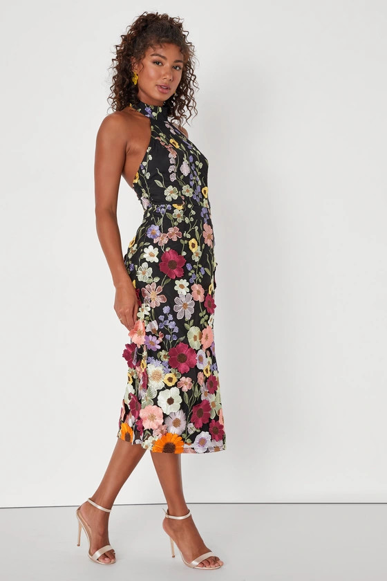 Unique Impression Black 3D Floral Embroidered Halter Midi Dress | Lulus