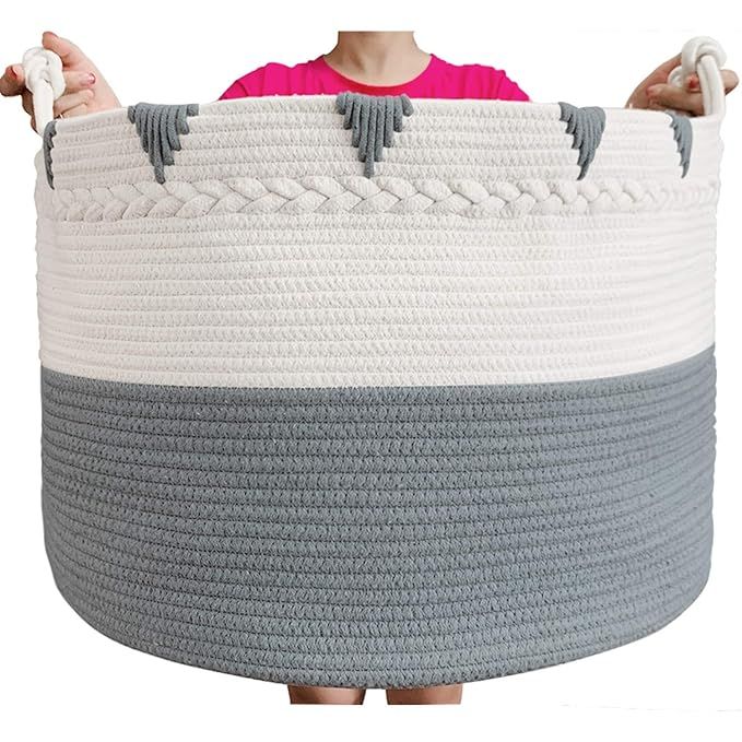 TerriTrophy XXXXLarge Cotton Rope Blanket Basket 22in x 22in x 16in Woven Laundry Hamper Laundry ... | Amazon (US)