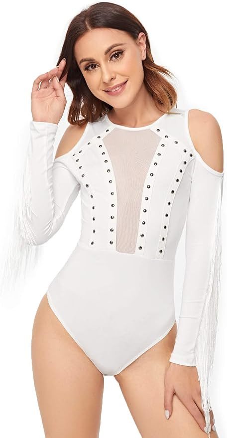 SweatyRocks Women's Cold Shoulder Fringe Long Sleeve Sheer Mesh Jumpsuit Bodysuit | Amazon (US)