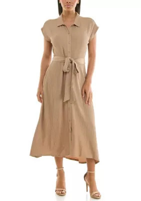 Nina Leonard Women's Cap sleeve button front shirt dress, Tan, Large | Belk