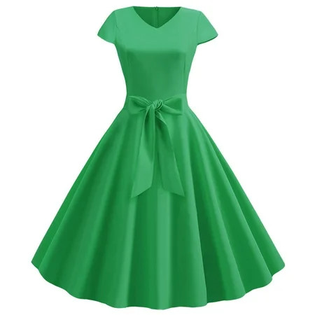 Rbaofujie Vacation Dresses for Women Green Dress Women Vintage Short Sleeve Swing 50s Housewife Casu | Walmart (US)