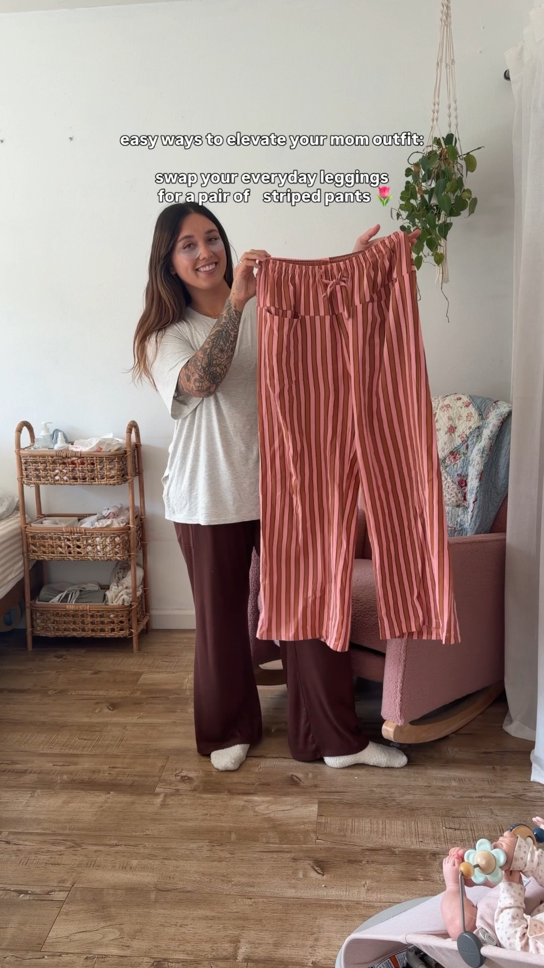 bonus points: these pants are 100% cotton
these striped pants are the easiest way to look like you put some effort into your outfit 🌷

sizing: 180 lbs 5’4”
Pants: medium
Sweater: XL
Jean jacket: L
white top: L