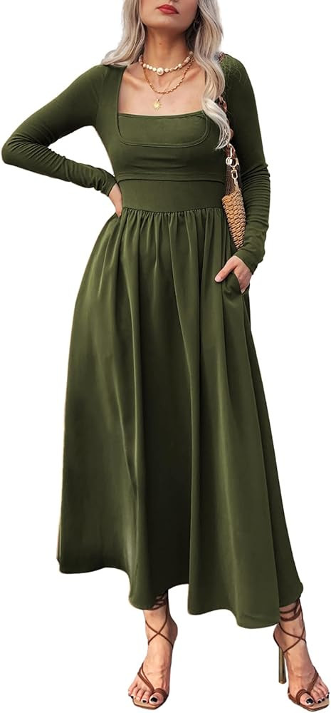 Women's Long Sleeve Maxi Dress 2024 Fall Square Neck Knit Casual Slim Swing Tank Long Dresses wit... | Amazon (US)