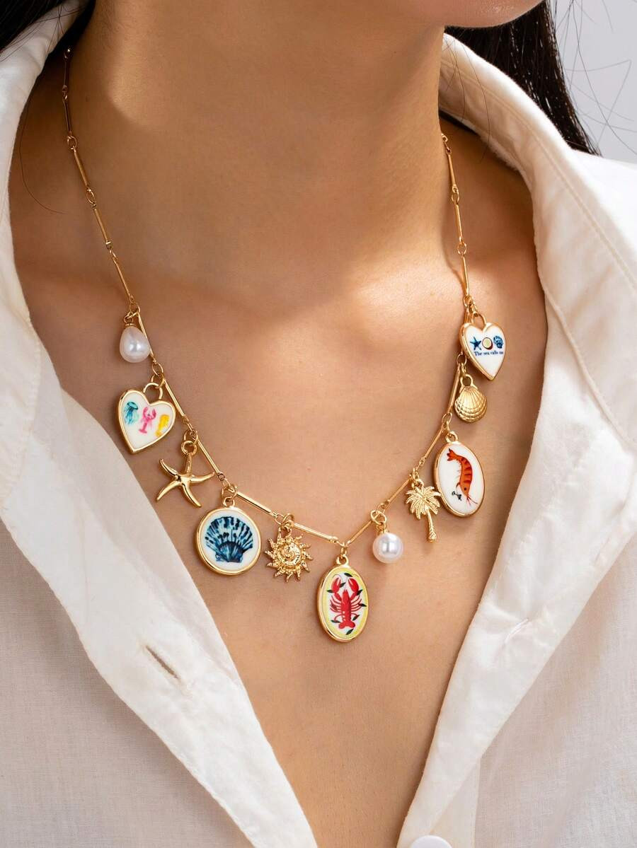 1pc Women's Ocean Charm Necklace, Decorated With Enamel Sea Life Pendants Like Starfish, Lobster ... | SHEIN