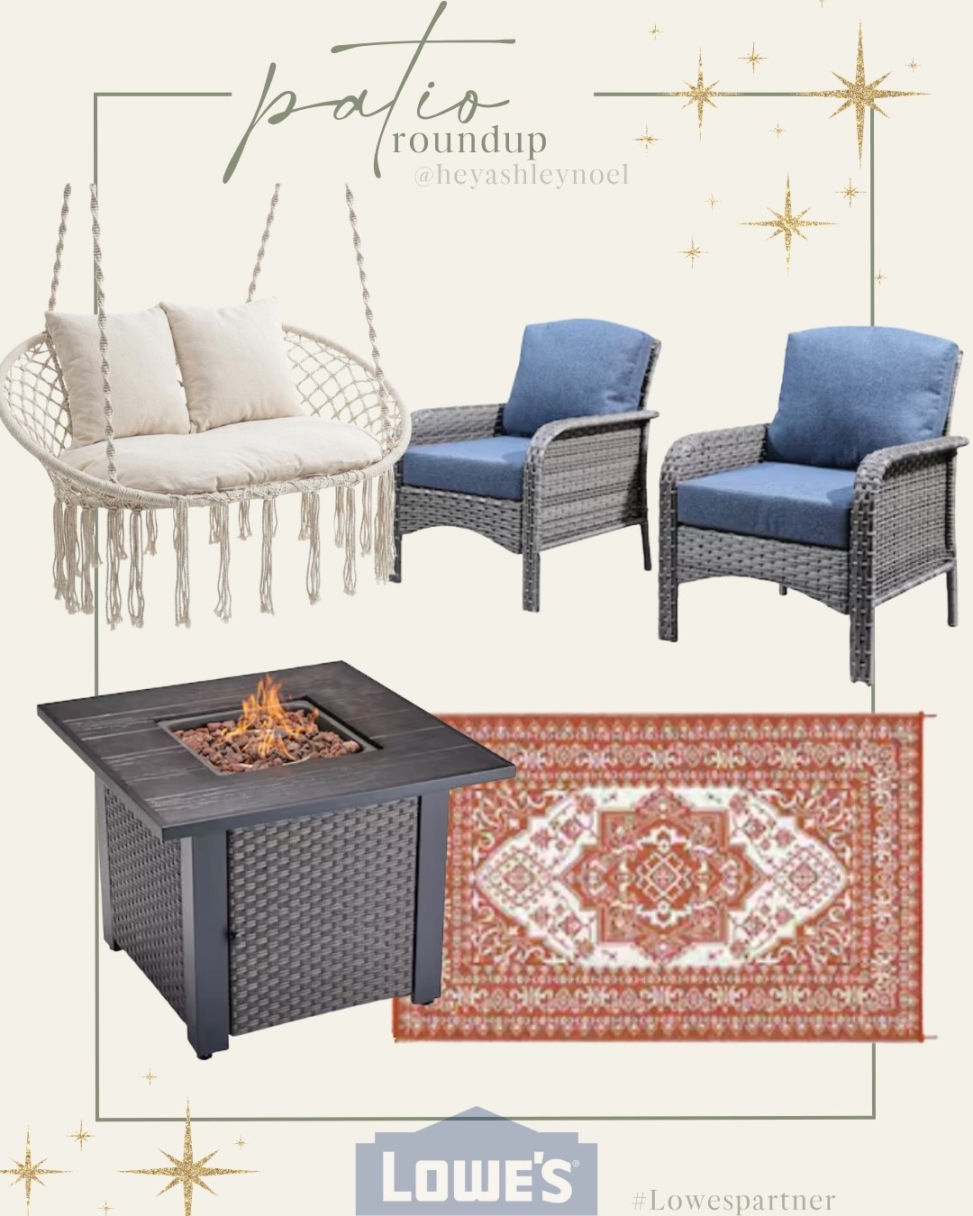 Favorite finds for my patio this year from @lowes ! Wicker patio chairs, macrame hammock swings, firepit & waterproof rug

#ad #lowespartner

#LTKSeasonal #LTKSaleAlert #LTKHome