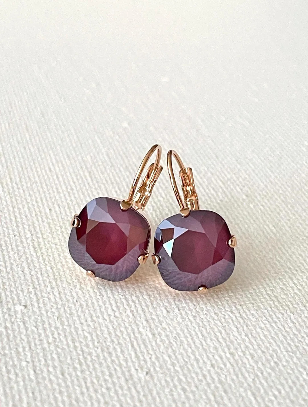 Swarovski Burgundy cushion cut crystal earrings, 12mm Swarovski crystals, dark red, gold, red bri... | Etsy (US)