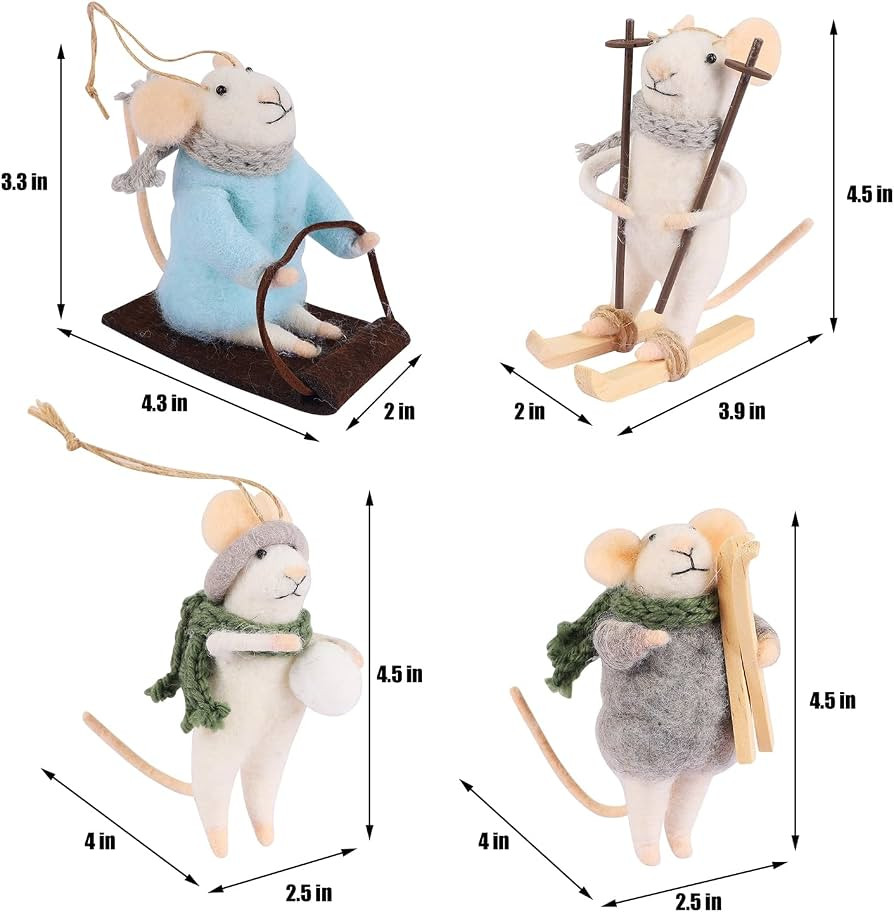 Juegoal Felt Skiing Mice Ornaments Set of 4, Winter Xmas Wool White Mouse Hanging Decor, Felt Ani... | Amazon (US)