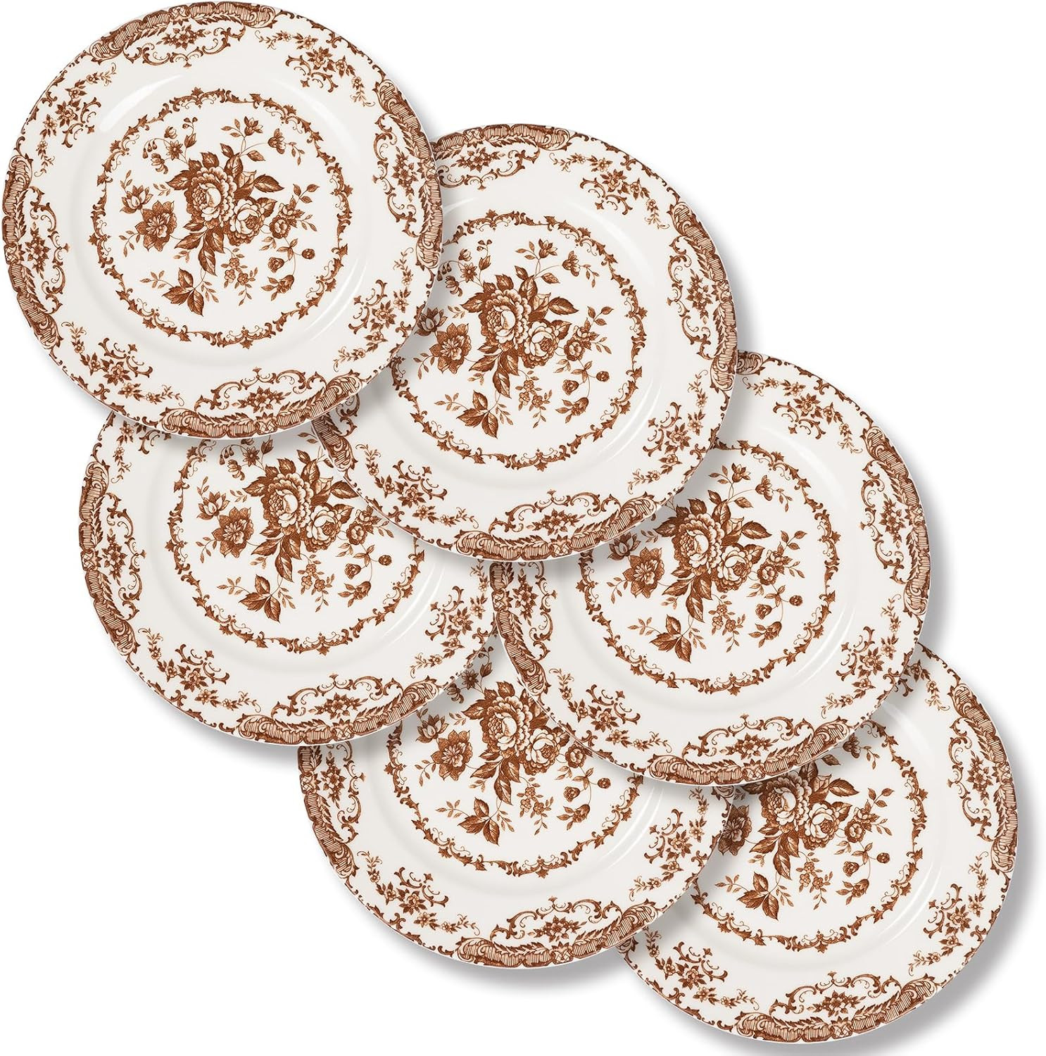 Salad Plates, 8.5 Inch Floral Plate, Brown, Ceramic, Set of 6 | Amazon (US)
