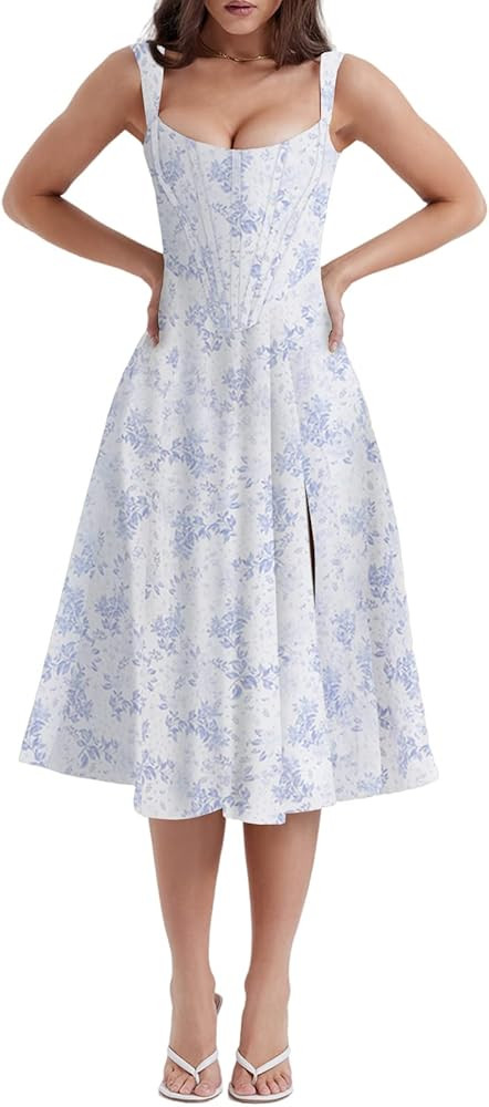 Women Corset Midi Dress Summer Boho Floral Sleeveless Dresses Casual Bustier Spaghetti Strap Dres... | Amazon (US)