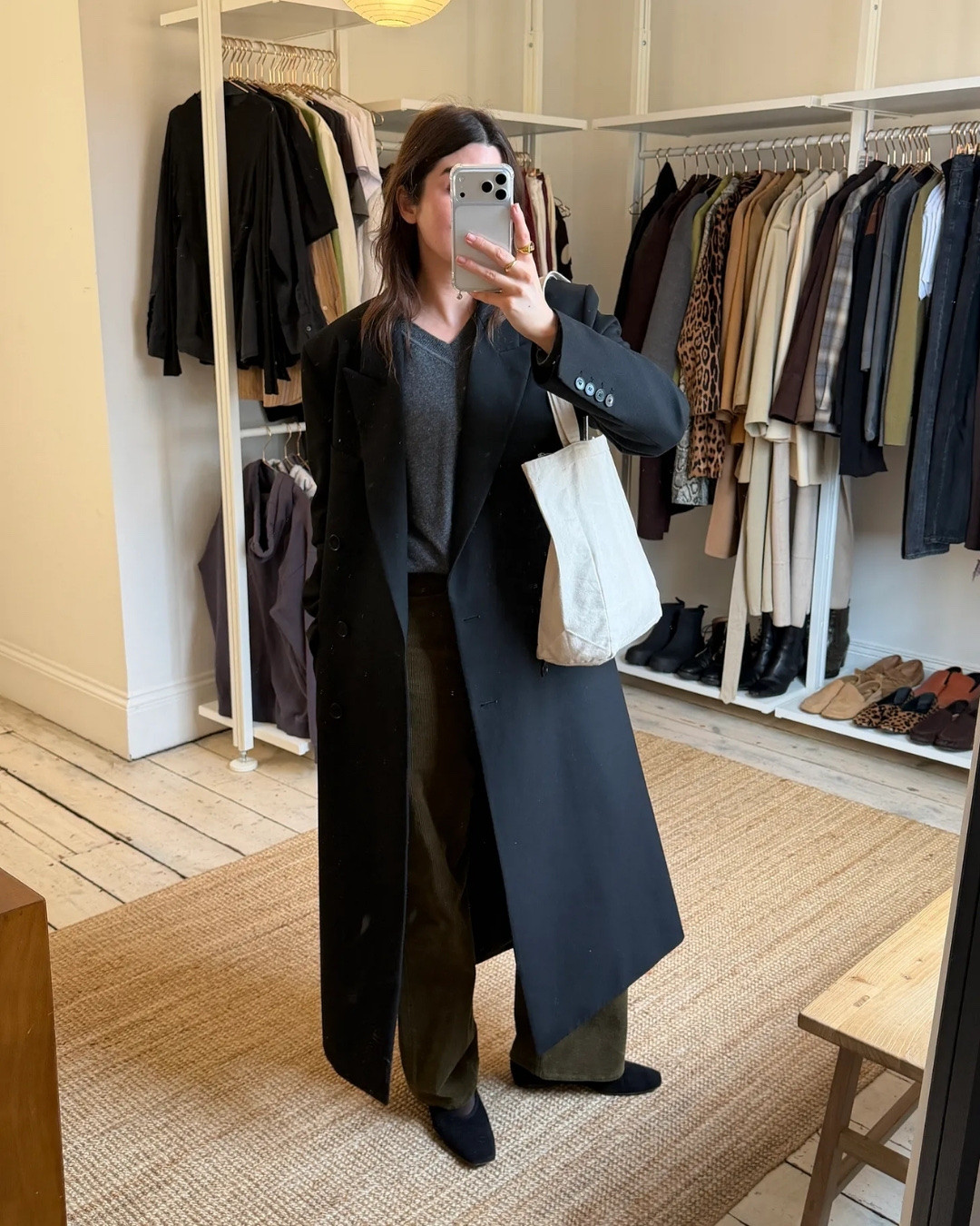 OOTD styling my tailored black Frankie Shop coat with khaki corduroy trousers from Arket, grey knit from & Daughter and Toteme flats, similar items linked 

#LTKwinter #LTKstyletip #LTKspring