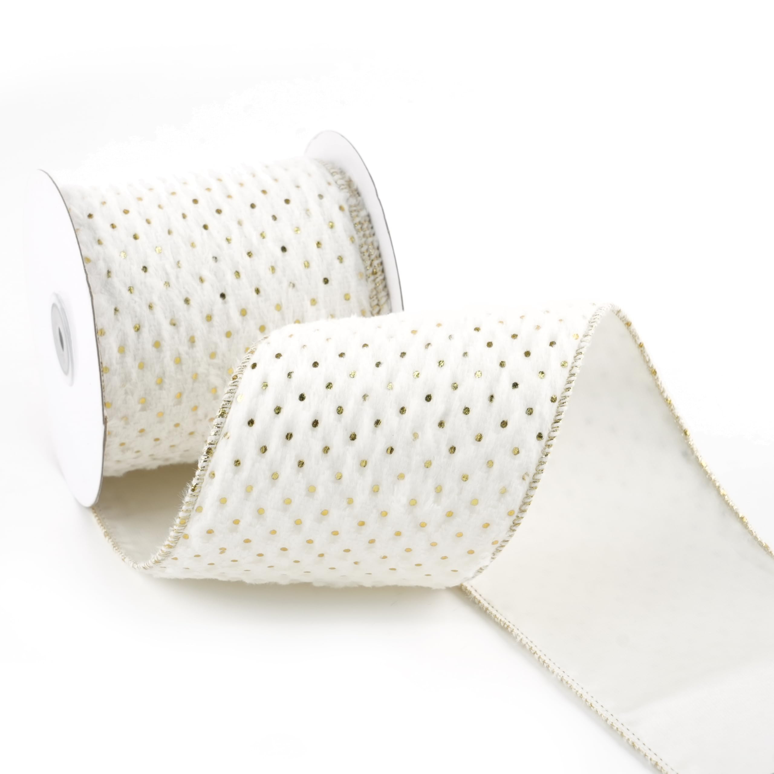 White and Gold Christmas Ribbon 4" X 10 Yards White Faux Fur Wired Ribbon with Gold Polka Dot, Wh... | Amazon (US)