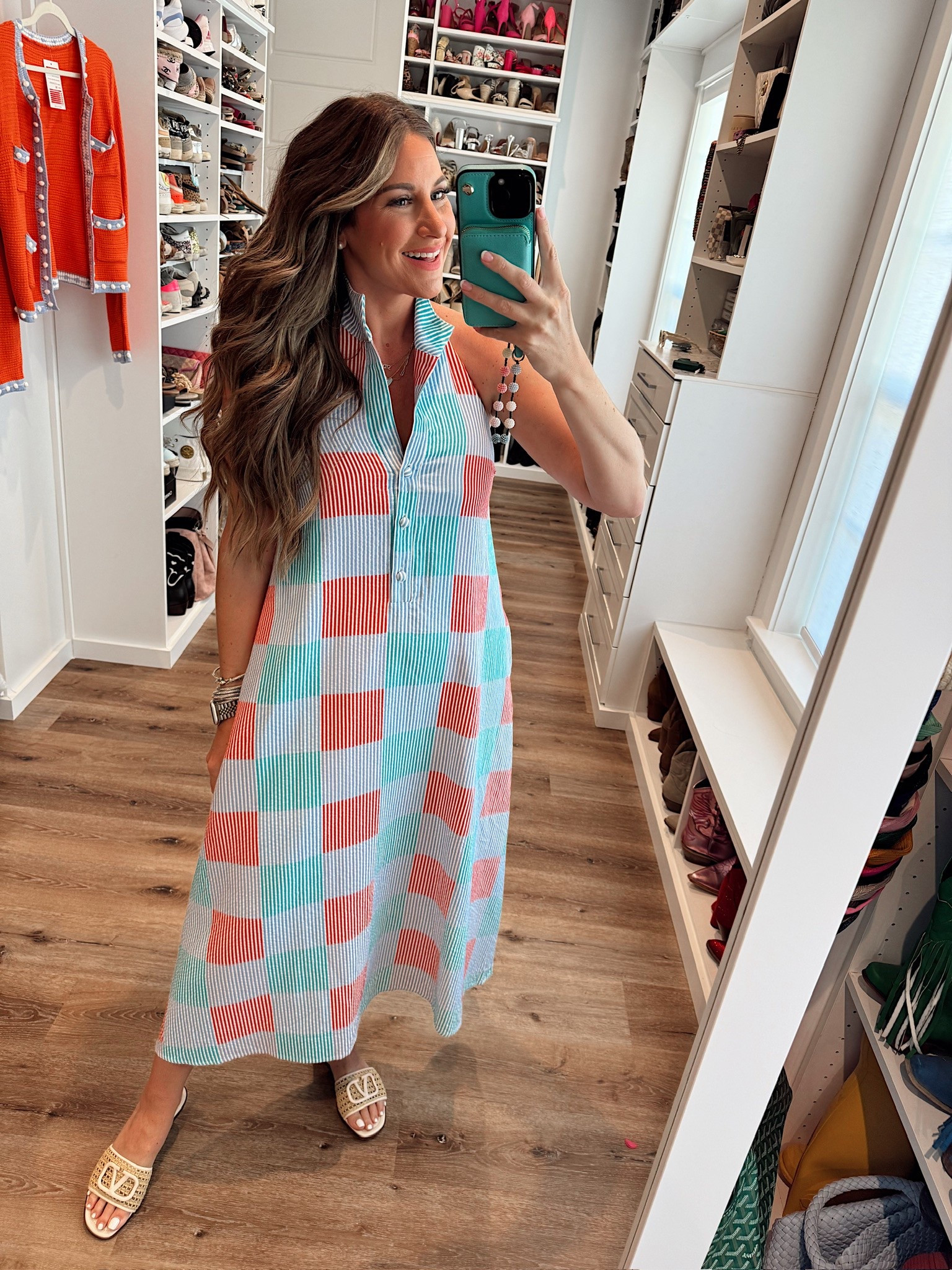 In a medium cardigan, medium collar maxi, sandals and accessories - fits tts. 

#LTKStyleTip #LTKSummerEdit #LTKShoeCrush