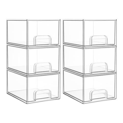 Vtopmart 6 Pack Clear Stackable Storage Drawers, 4.4'' Tall Acrylic Bathroom Makeup Organizer,Plastic Storage Bins For Vanity, Undersink, Kitchen Cabinets, Pantry, Home Organization and Storage | Amazon (US)