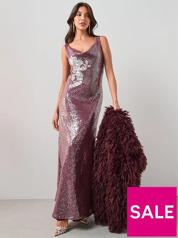 The Very Collection Floral Sequin Cowl Maxi Dress - Burgundy | Very (UK)
