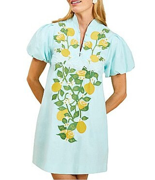 Mestiza New York Eliana Sorrento Citrus Embroidered Mandarin Collar Short Puff Sleeve Mini Dress - L | Dillard's