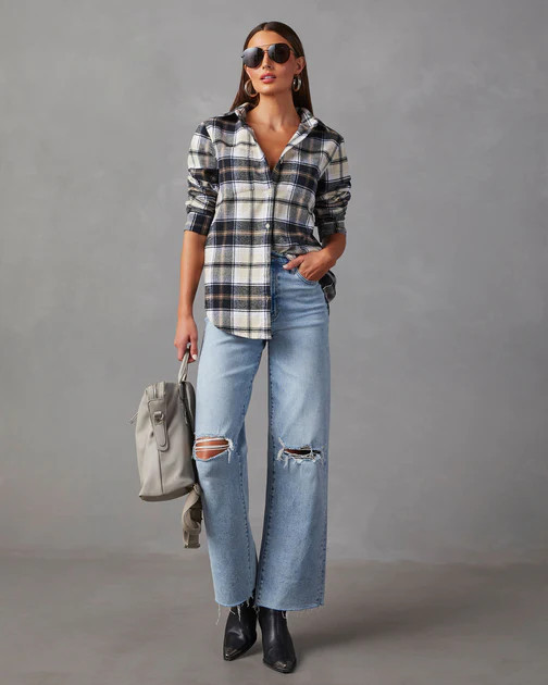 Guthrie Oversized Plaid Button Down Top - Black | VICI