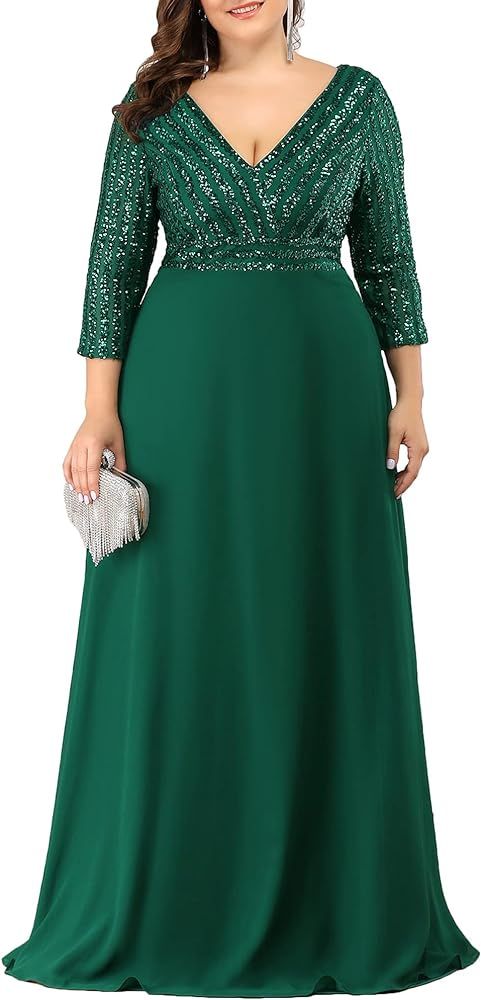 Ever-Pretty Women's Plus Size V-Neck Sparkle Evening Dresses with Long Sleeves 0751-PZ | Amazon (US)