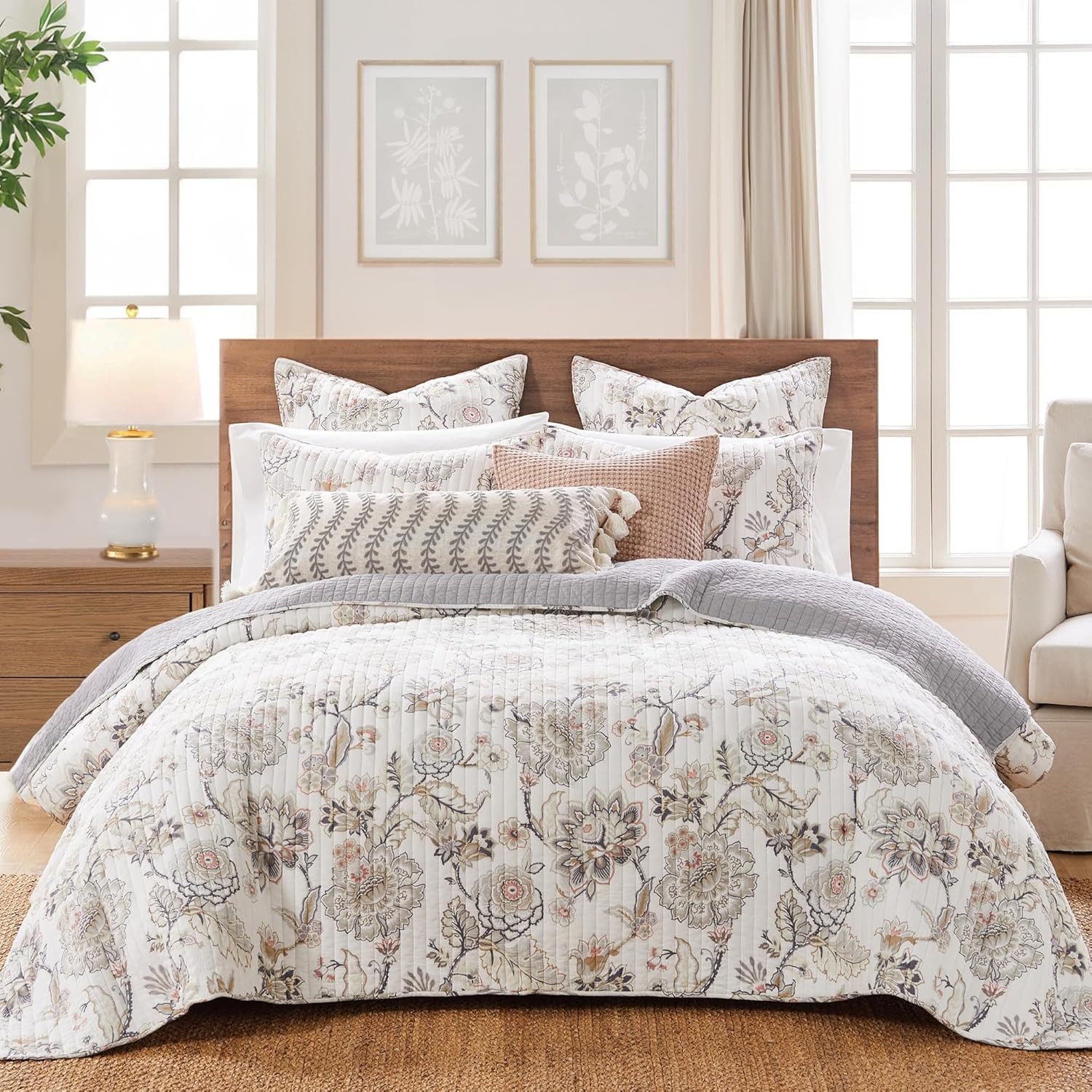 Levtex Home - Ophelia Quilt Set - King Quilt and Two King Shams - Floral - Taupe Grey Cream Blush - Quilt (106x92in.) and Shams (20x36in.) - Reversible - Rayon/Cotton | Amazon (US)