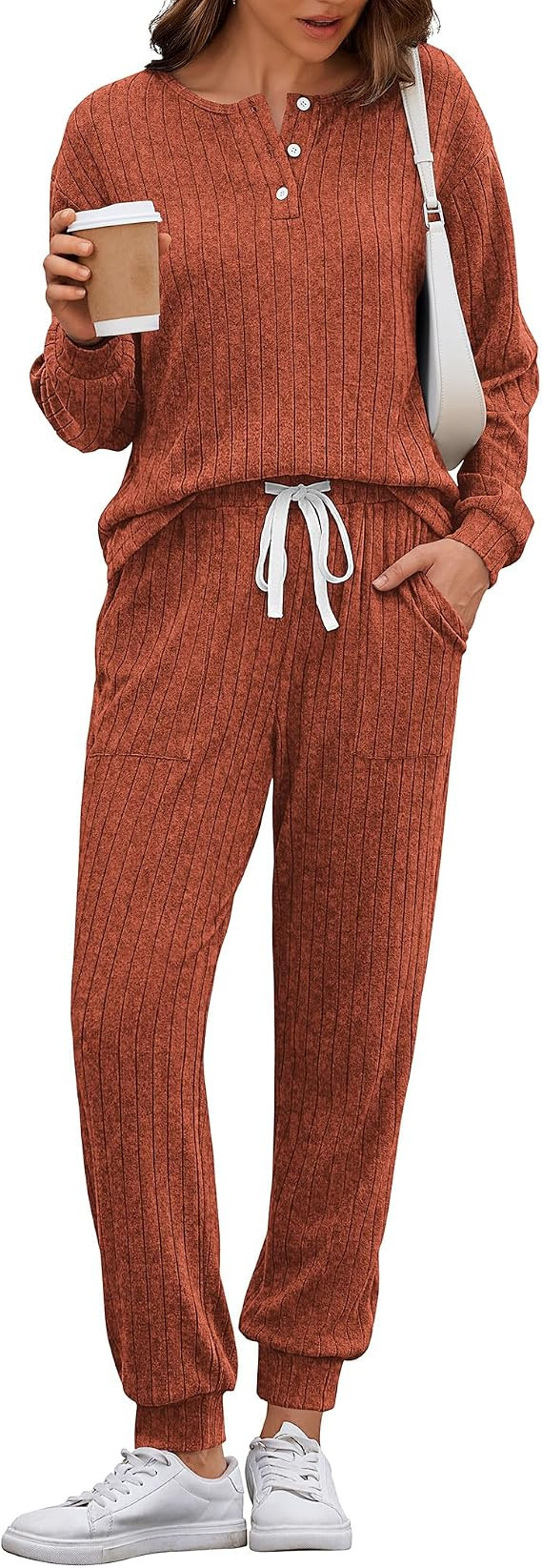 Ekouaer Womens Knit 2 Piece Lounge Sets Long Sleeve Top and Pants Outfits | Casual Matching Set H... | Amazon (US)