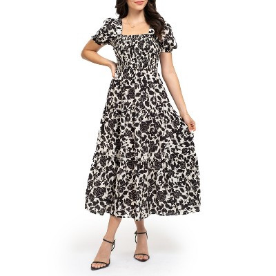 August Sky Women's Smocked Floral Midi Dress_RD2089_Black Multi_Large | Target